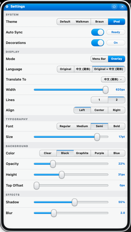 Upperband iPod theme settings